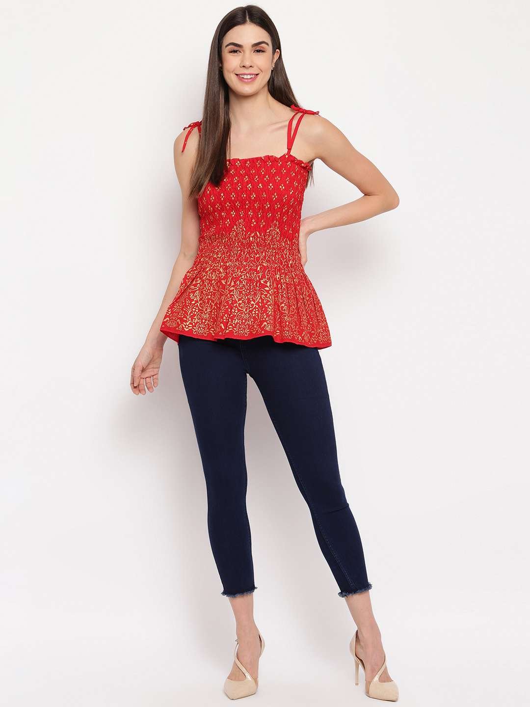 Women's Rayon Floral Printed Casual Summer Style Tie Shoulder Straps Free Size Tank Top ( Red Gold Pattern) - Image 3
