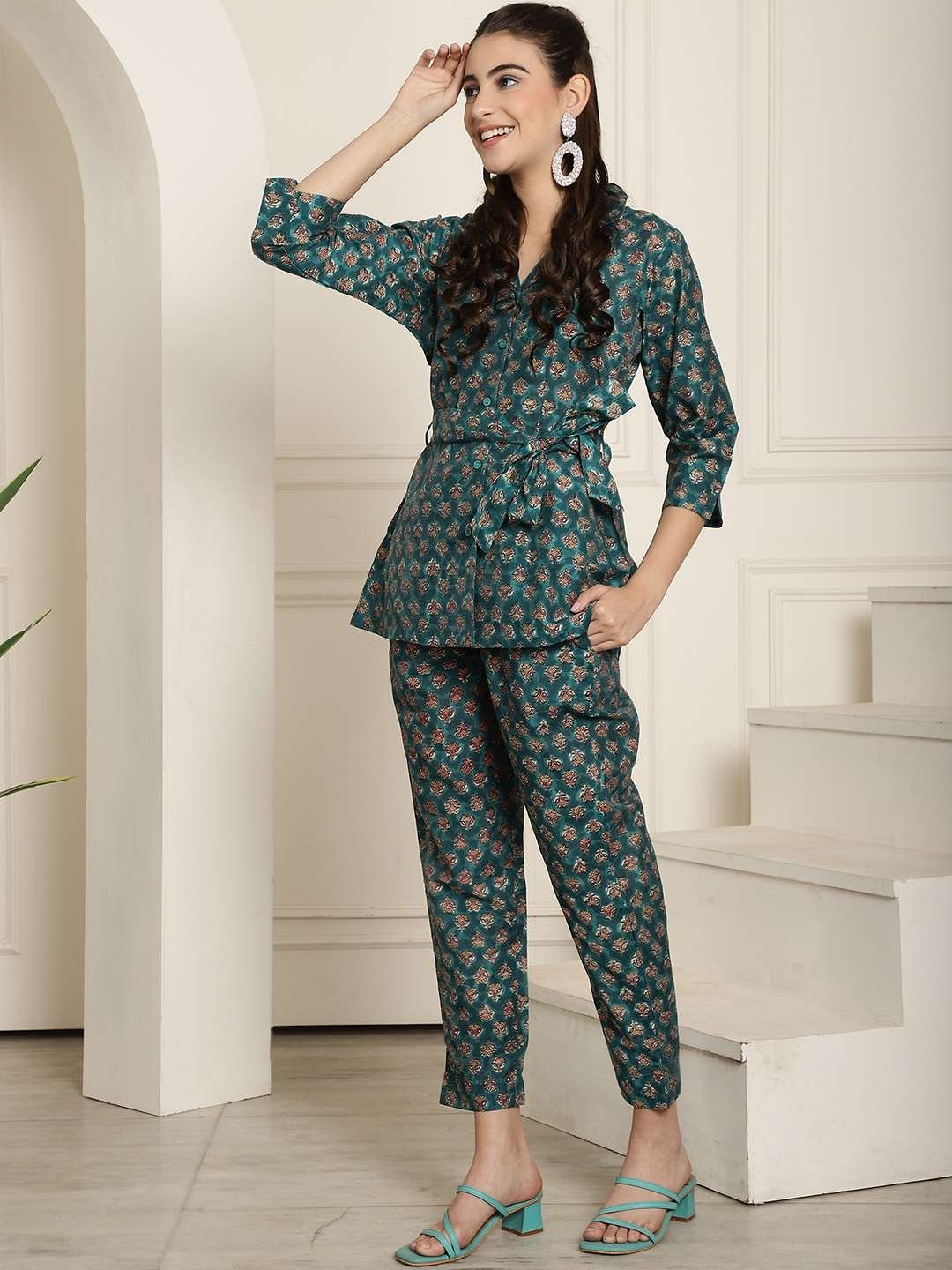 Women's Pure Cotton Printed Collared Top and Pant Co-ord Set