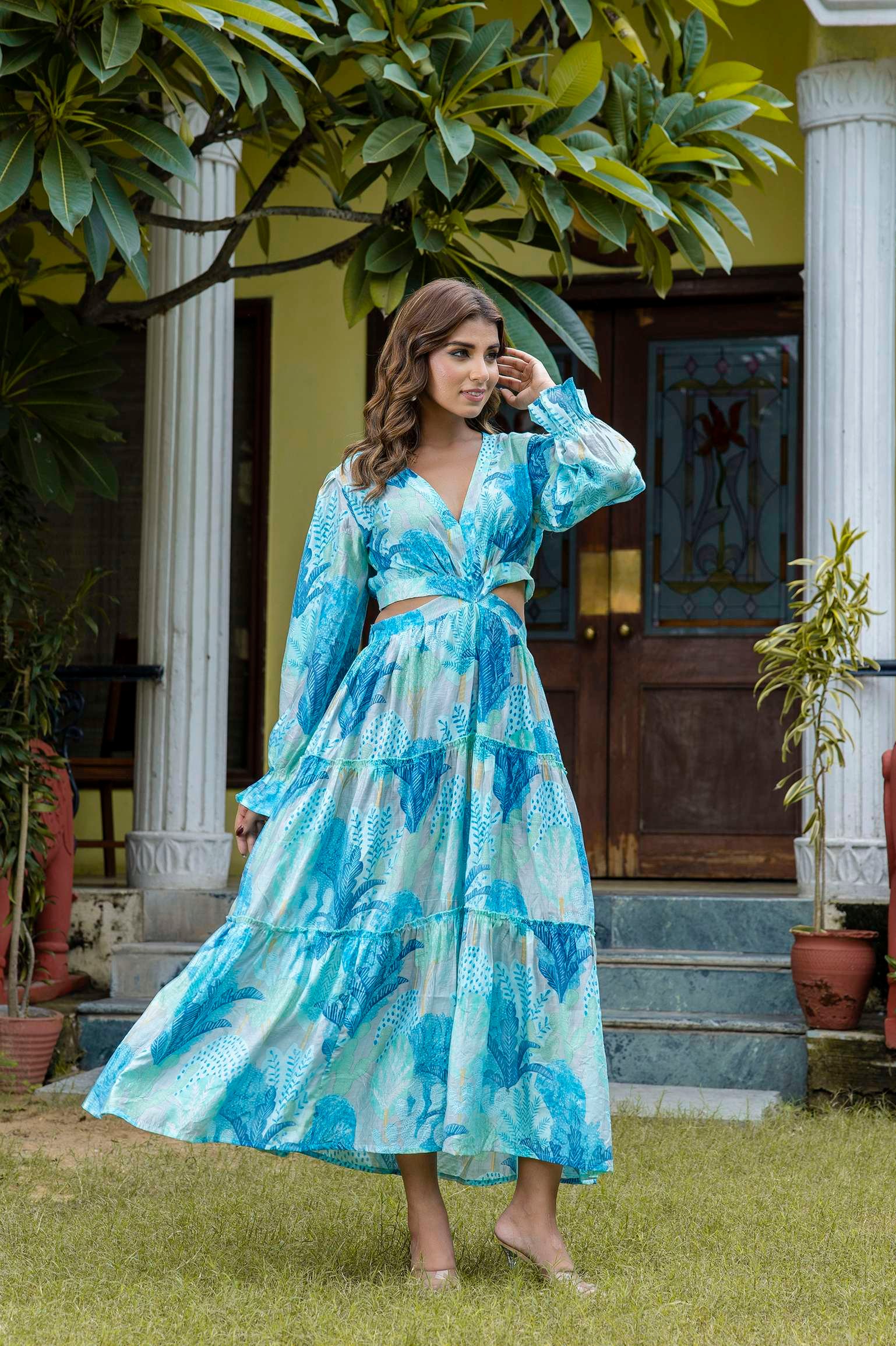 Women's Silk Printed V-Neck Long Bell Sleeves Tiered Maxi Dress Gown - Image 4