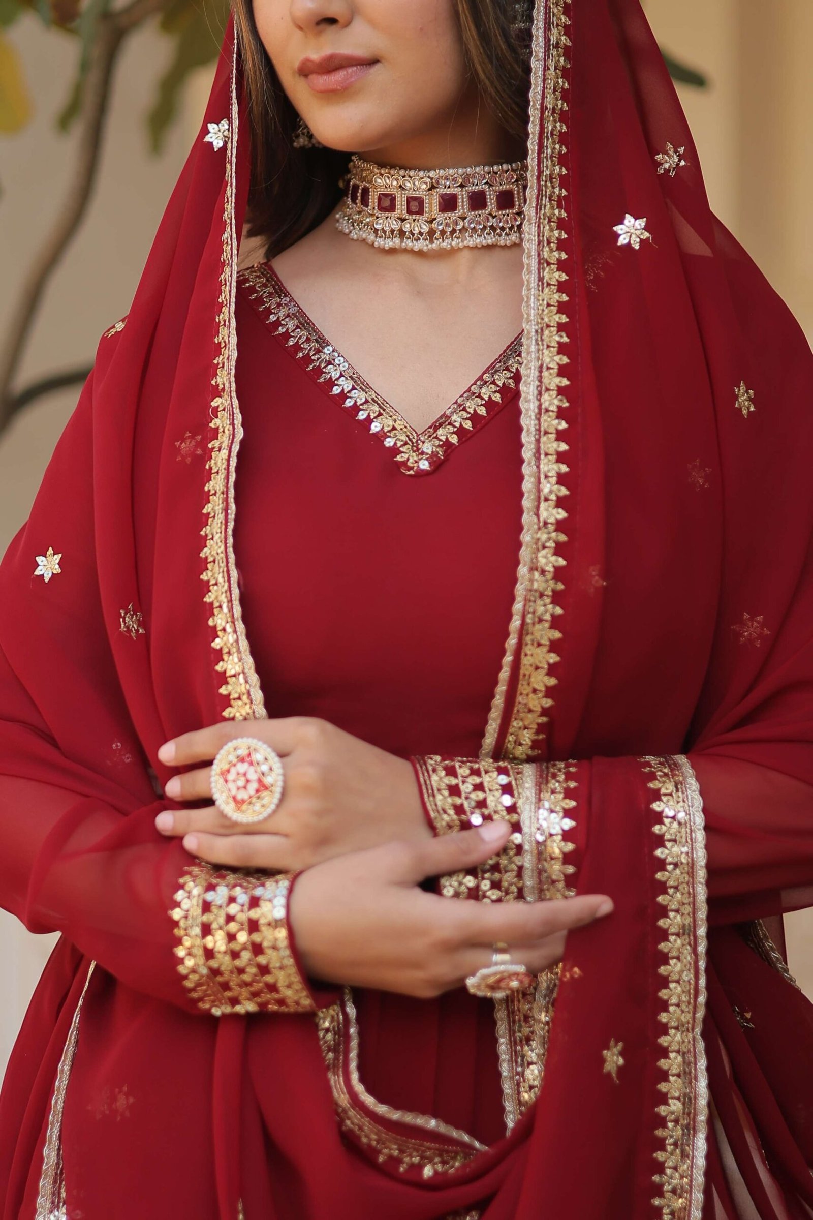 Maroon Faux Blooming Gown with Sequined Dupatta ? Elegant Fully Flared Party & Wedding Set - Image 8