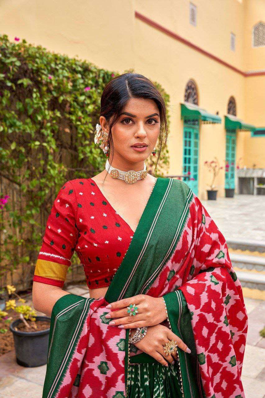 Green Dola Silk Lehenga Choli with Red Blouse | Patola Print & Foil Work | Wedding & Festive Wear - Image 2