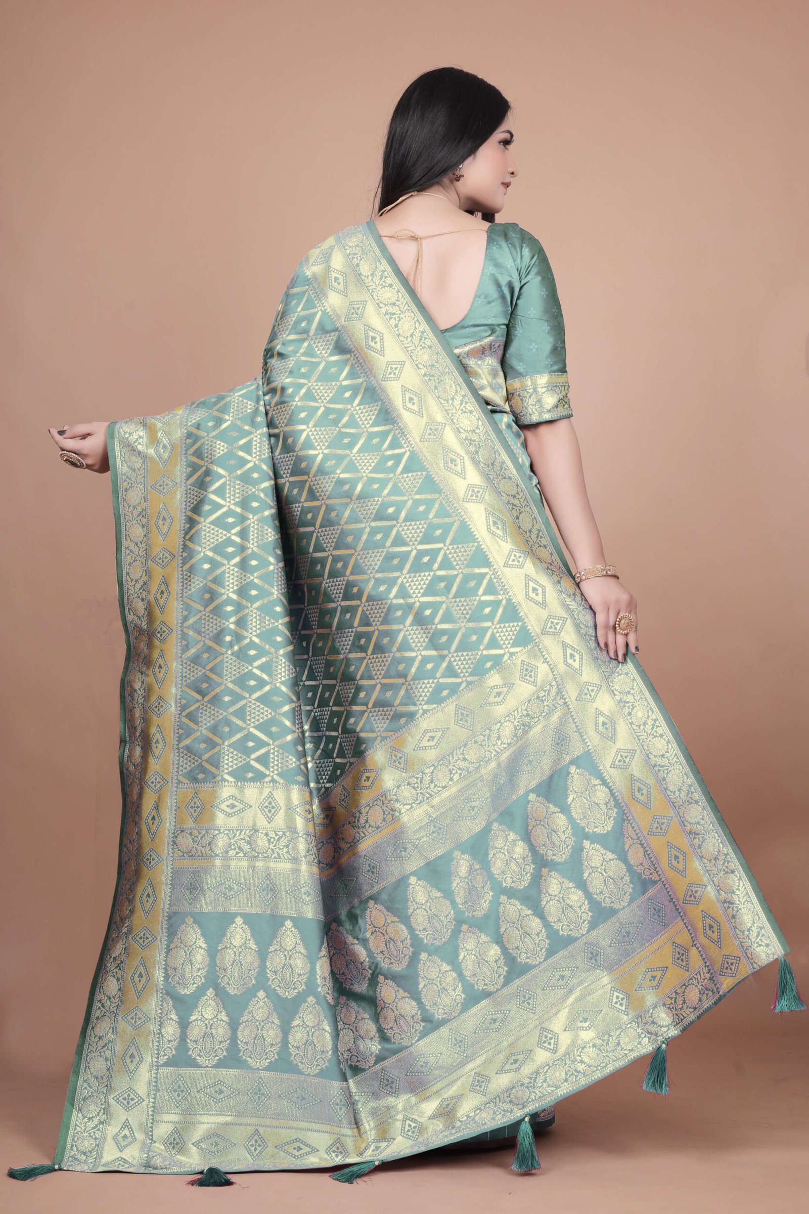 Pastel Green Banarasi Silk Saree with Golden Zari Weaving | Geometric & Floral Design | Wedding & Festive Wear Saree - Image 5
