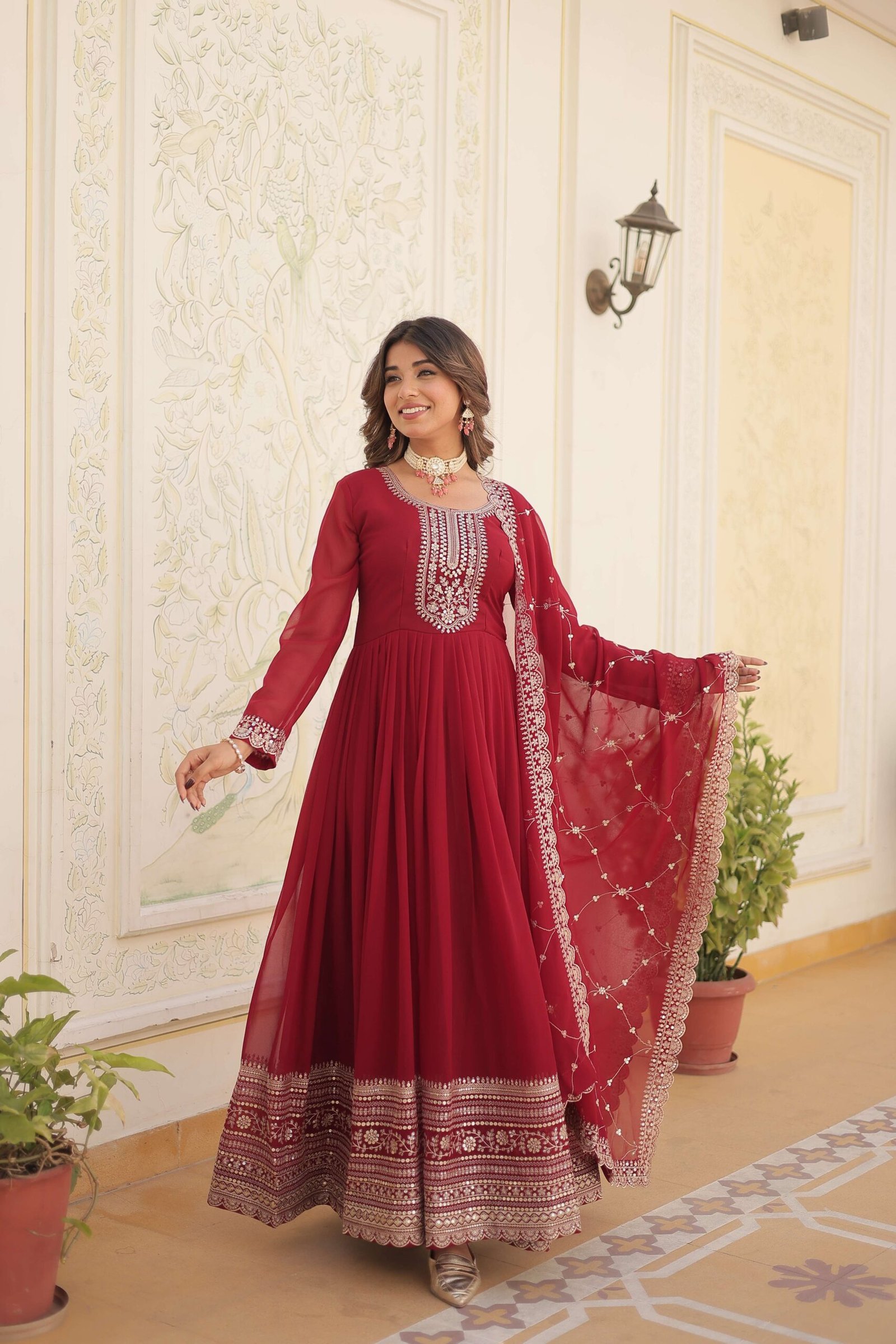 Maroon Faux Blooming Sequins Embroidered Gown with Matching Dupatta ? Festive & Party Wear 2024 - Image 3