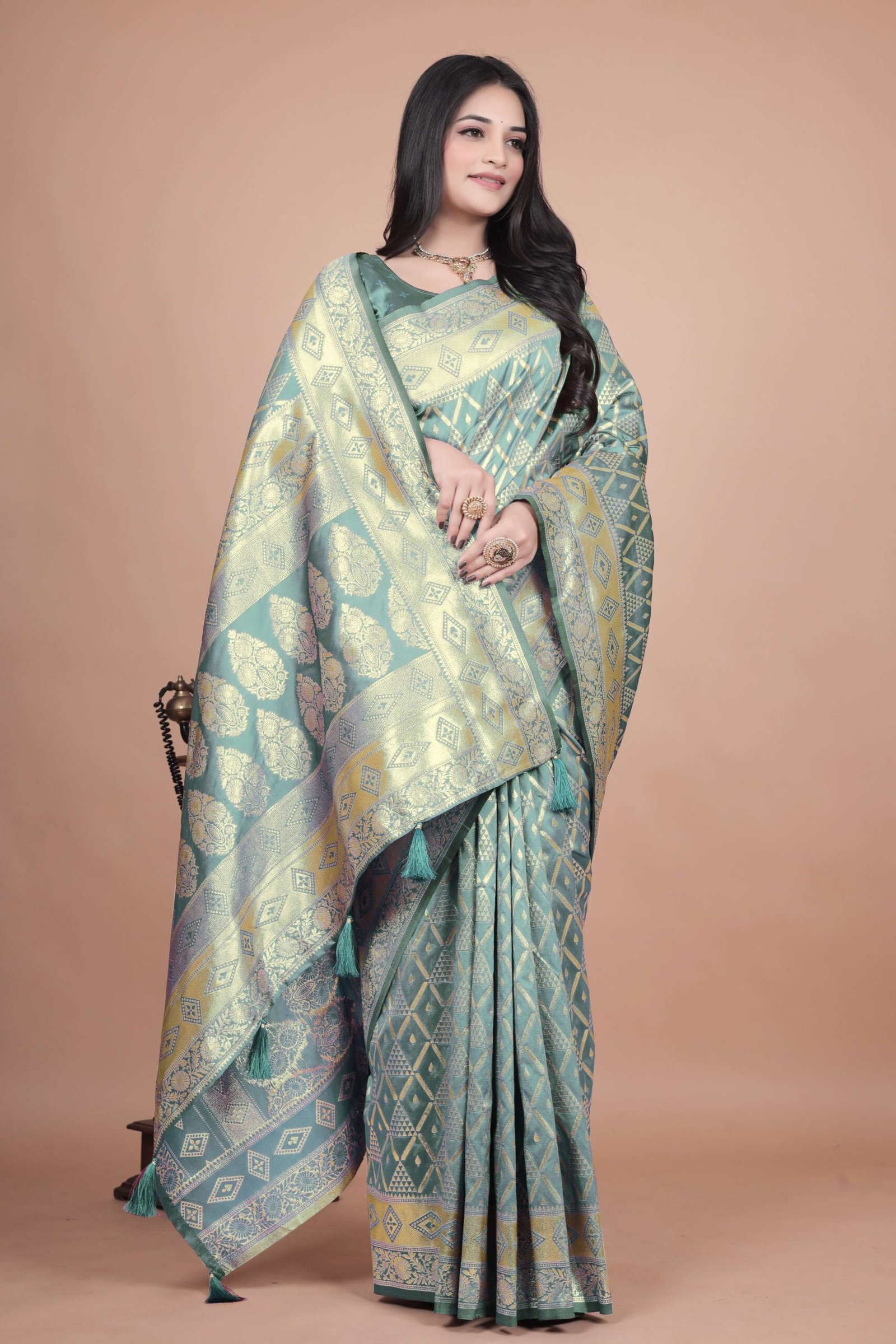 Pastel Green Banarasi Silk Saree with Golden Zari Weaving | Geometric & Floral Design | Wedding & Festive Wear Saree - Image 2