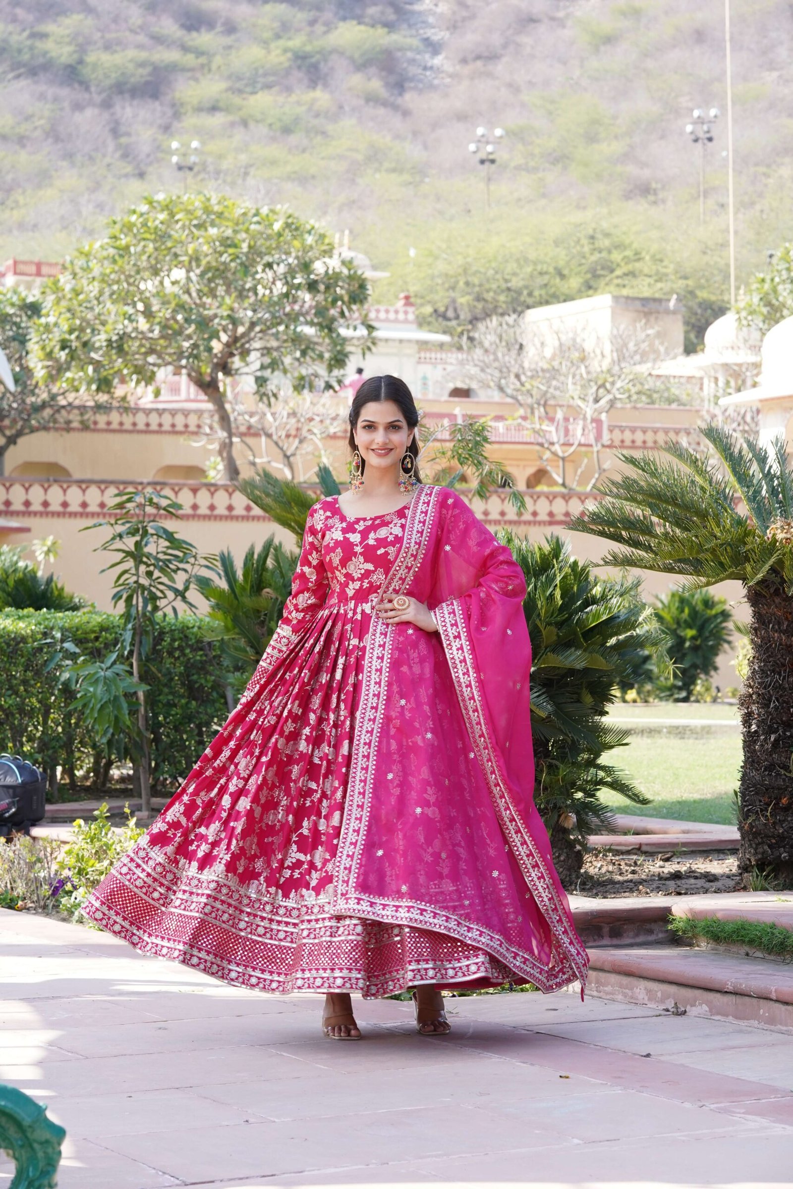Pink Viscose Dyable Jacquard Gown with Russian Silk Sequined Dupatta ? Elegant Party & Wedding Set - Image 5