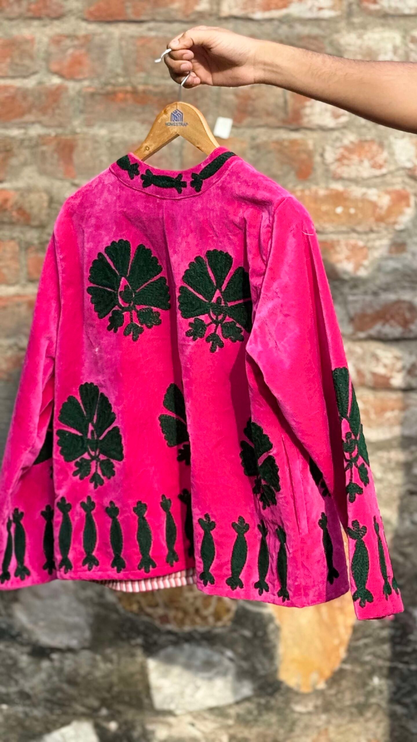Womens Pink Velvet Embroidered Jacket with Floral Design - Image 2