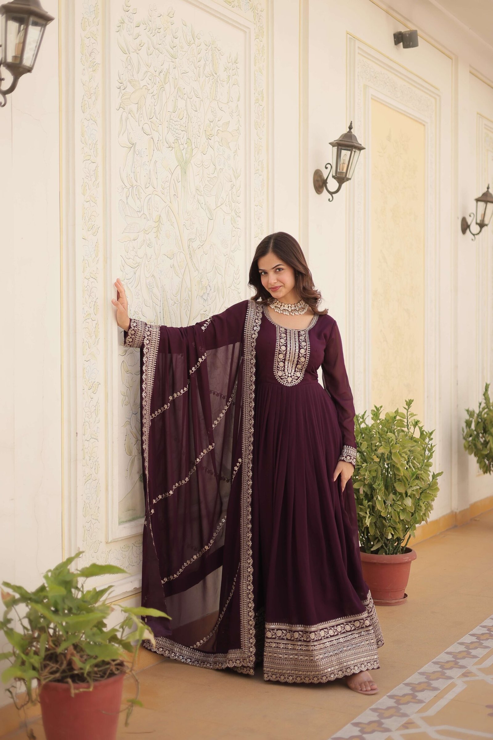 Wine Faux Blooming Sequins Embroidered Gown with Matching Dupatta ? Festive & Party Wear 2024 - Image 7