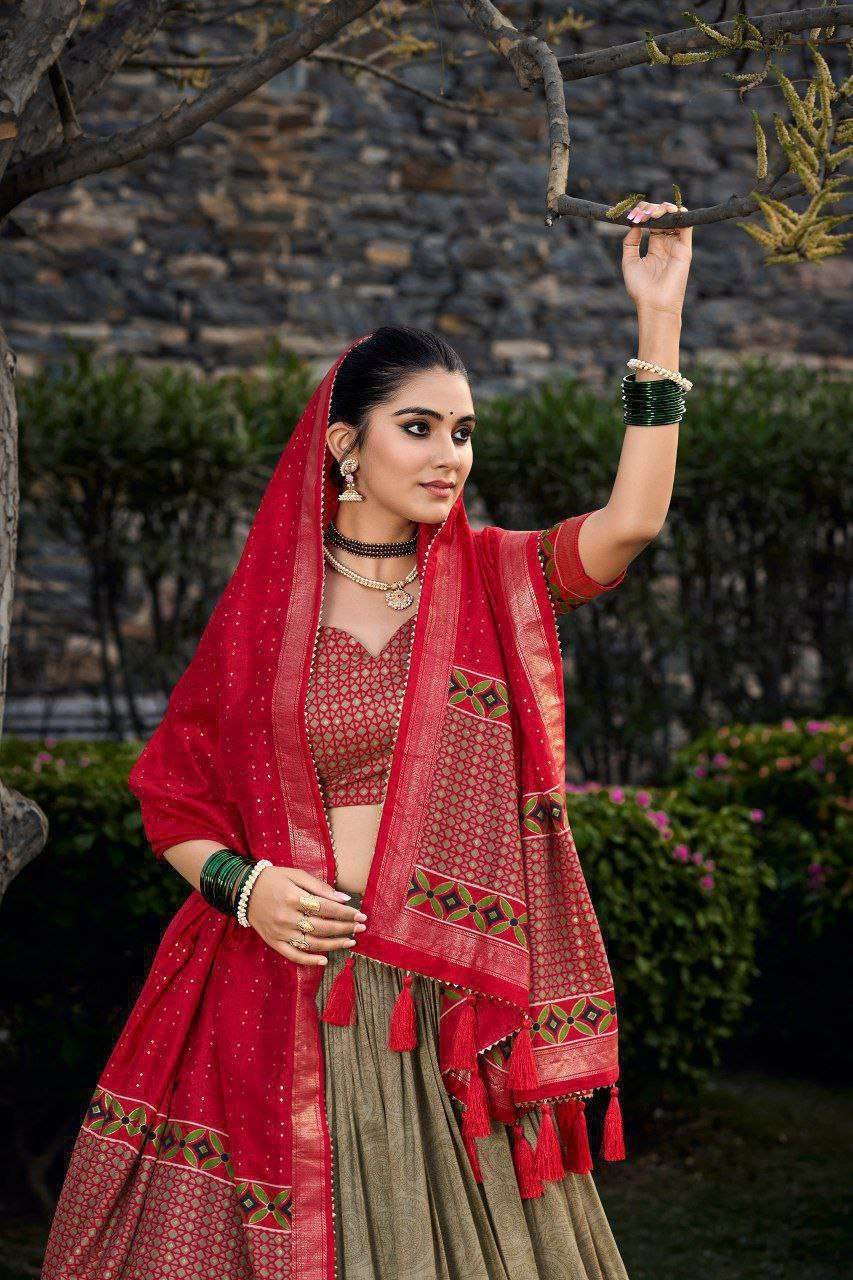 Green Tussar Silk Lehenga Choli with Red Blouse | Floral & Foil Print | Wedding & Festive Wear