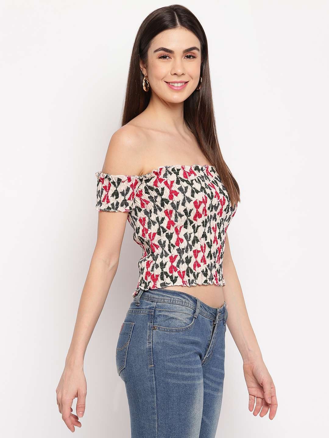 Women's Rayon Printed Off-Shoulder Smocked Crop Top Short Sleeve Casual Styles Tank Top (FREE SIZE) Multi33 - Image 3