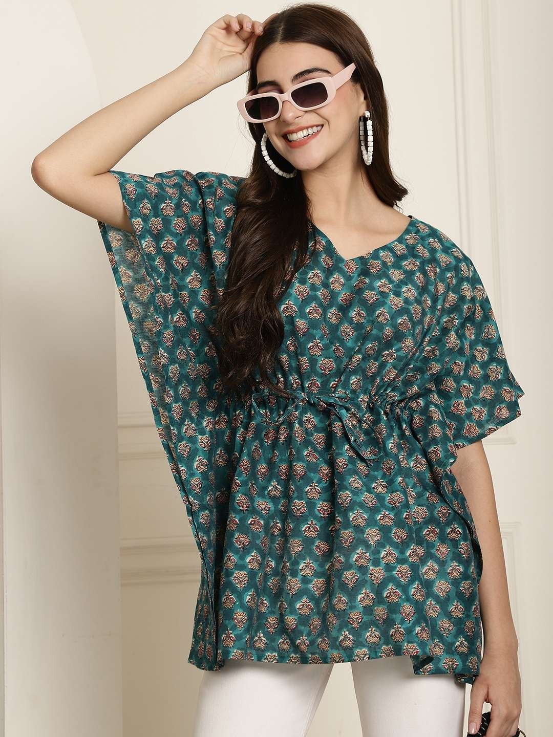 Women's Chanderi Printed Kaftan Top With Bell Sleeve Dress (Green) - Image 4