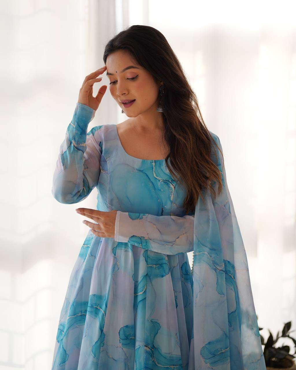 Womens Crunchy Silk Anarkali Kurti with Pant & Dupatta Set - Image 5