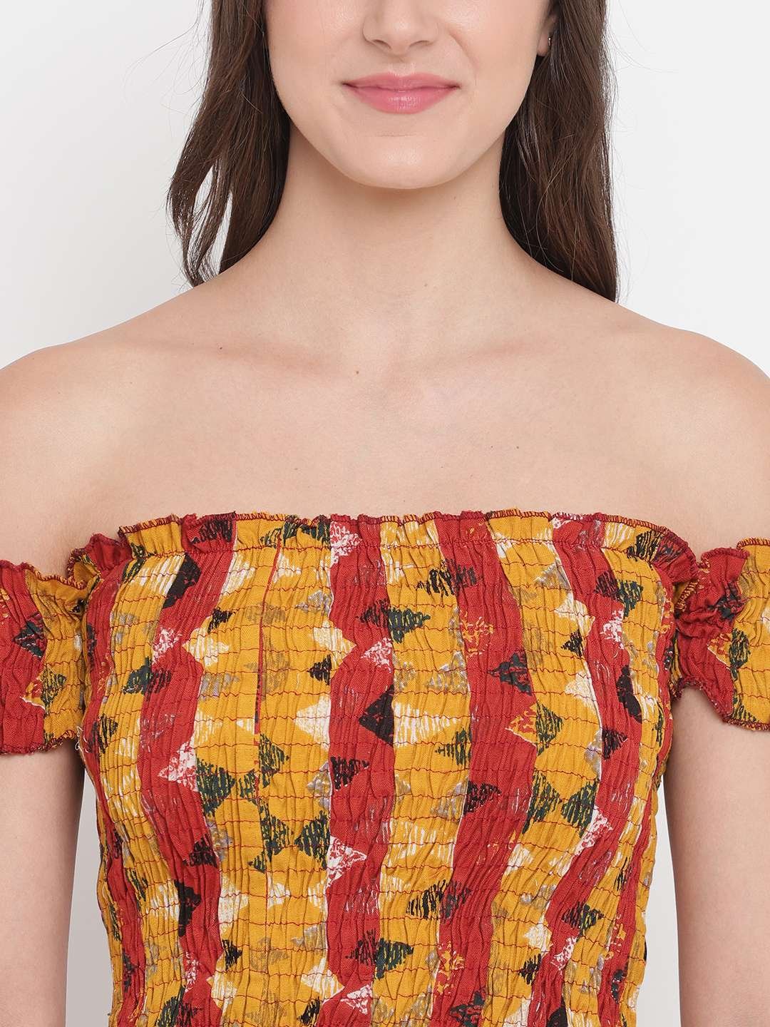 Women's Rayon Printed Off-Shoulder Smocked Crop Top Short Sleeve Casual Styles Tank Top (FREE SIZE) Multi39 - Image 4
